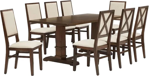 Crosley Furniture Joanna - Juego de mesa de comedor moderna de 9 piezas para 8 personas con sillas tapizadas, roble oscuro/crema