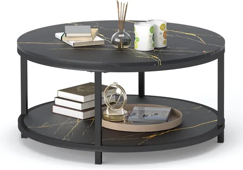 Miniatura 8 de WiberWi Mesa de centro redonda negra para sala de estar de 35.8 pulgadas, mesa circular con parte superior de mármol sintético, patas de metal Negro