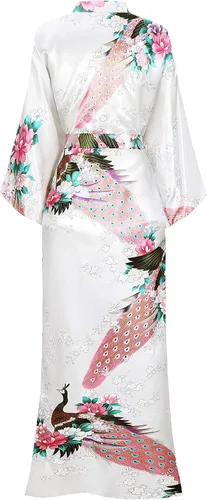 Miniatura 2 de BABEYOND Kimono de mujer bata larga con pavo real y flores estampado Kimono camisón