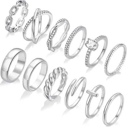 Miniatura 5 de FAXHION 12 piezas de anillos delicados de oro de 14 quilates para mujer, diseños cruzados de diamante simulado con giro grueso abierto de eternidad