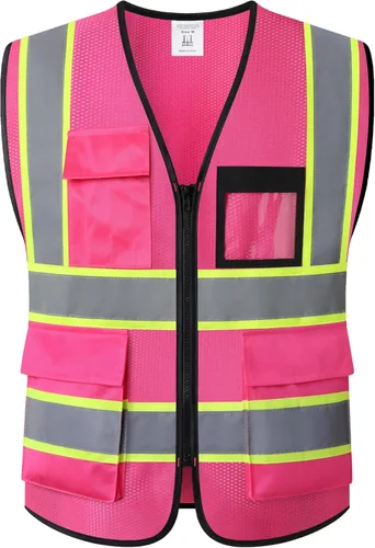 Miniatura 6 de Chaleco de seguridad para mujer, chaleco de alta visibilidad con 8 bolsillos y cremallera frontal, chaleco reflectante de malla que cumple