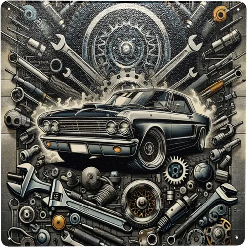 Letrero de metal vintage con diseño de coche y equipo mecánico, arte de pared retro para garaje, decoración del hogar, póster clásico de hojalata