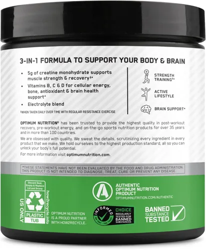 Miniatura 13 de Optimum Nutrition Creatina Monohidrato Plus en polvo, sabor a maracuyá naranja, mezcla de rendimiento de creatina con electrolitos