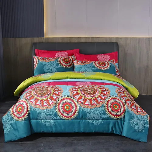 Miniatura 2 de LweiPsqLin - Juego de cama en una bolsa de 7 piezas tamaño full, estilo bohemio colorido con estampado rojo y azul, juego de edredón reversible