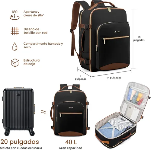 Miniatura 3 de LOVEVOOK Mochila de viaje para llevar a bordo, Mochilas de viaje 1 negro-marrón