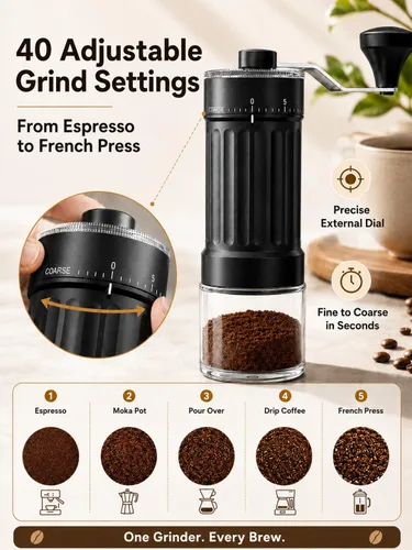Miniatura 4 de Molinillo de café manual con rebabas de cerámica, 40 ajustes ajustables para expreso, V60, verter, campamento y viajes