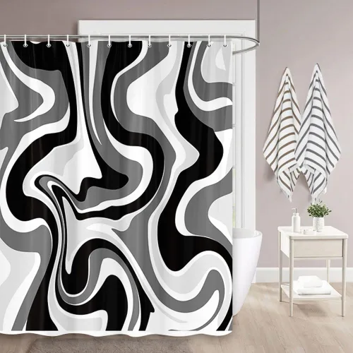 Miniatura 4 de Cortina de ducha en blanco y negro, bonito juego de cortinas de baño de estética abstracta hippie de los años 70, cortina de ducha moderna