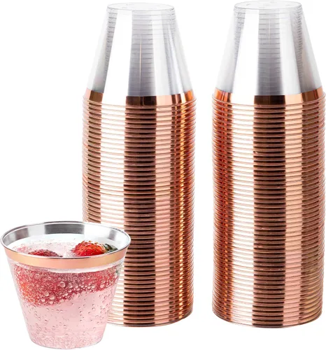PLASTICPRO Vasos desechables de plástico para fiestas, de 9 onzas, vasos de diseño antiguo, transparentes (transparente con borde de oro rosa, 100)