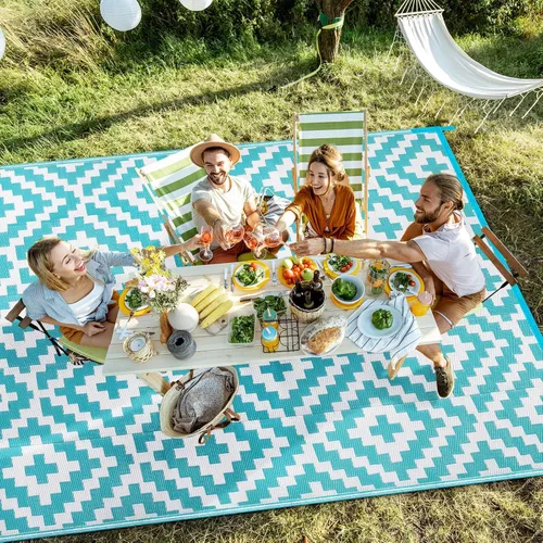 Miniatura 2 de Alfombra de paja de plástico para patio al aire libre, 5 x 8 pies, impermeable, reversible, alfombra de área, patio, caravana, porche, balcón, Azul