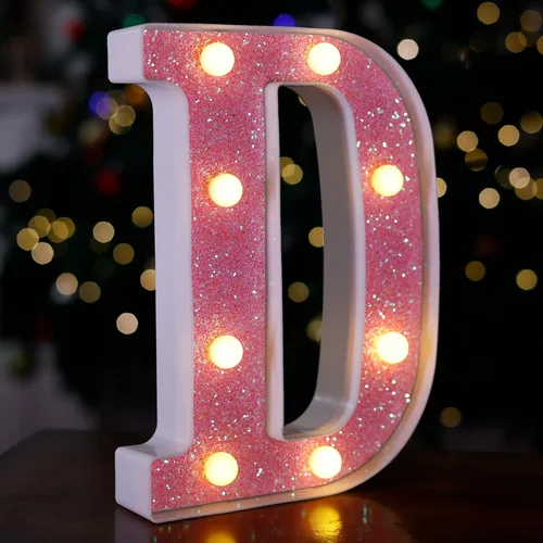 Miniatura 9 de Letras con luces LED, letras de marquesina con brillantina rosa, letras del alfabeto, letreros iluminados por pilas, para decoración de fiestas