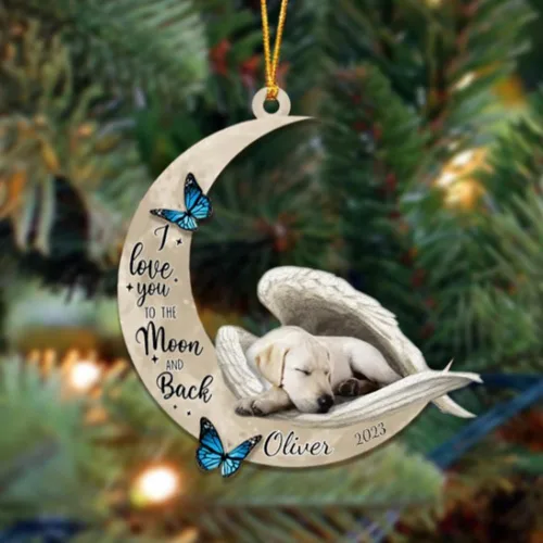 Miniatura 32 de Adorno colgante personalizado de ángel durmiendo en la luna, perro sabueso afgano, nombre personalizado, acrílico impreso en 2D plano – cumpleaños