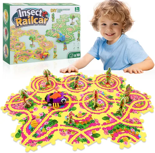 Miniatura 11 de VESPRO Juego de pista de autos para niños de 100 piezas - 4 series de rompecabezas de carreras para niños pequeños, juguetes educativos para niños