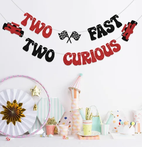 Miniatura 3 de Cartel de Two Fast Two Curious, decoración de segundo cumpleaños de niño para carreras de segunda fiesta, suministros de fiesta de auto de carreras