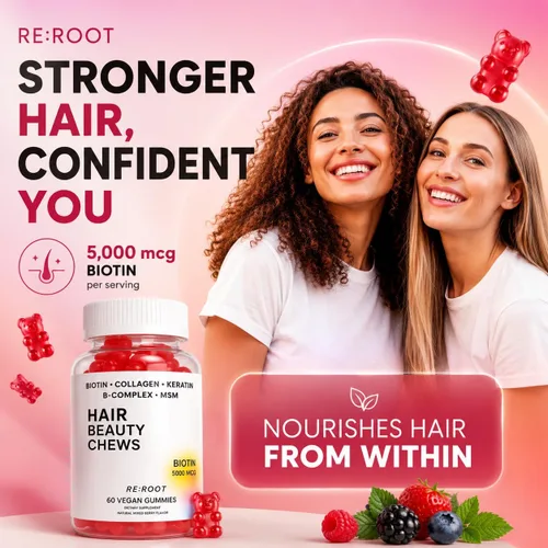 Miniatura 3 de RE:ROOT Gomitas para el crecimiento del cabello, 5,000 mcg de biotina con colágeno, queratina y MSM, soporte para cabello, piel y uñas, 60 gomitas