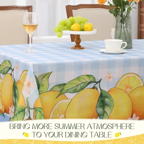 Miniatura 5 de Romanstile Mantel rectangular de verano, diseño de búfalo con flores de limón, a cuadros, resistente a las manchas, para cenas, fiestas, pícnics