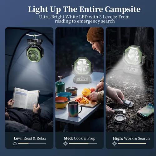 Miniatura 8 de AJVV Ventilador de campamento, batería oscilante, portátil, recargable, con luz y control remoto para campamento, al aire libre, corte de energía