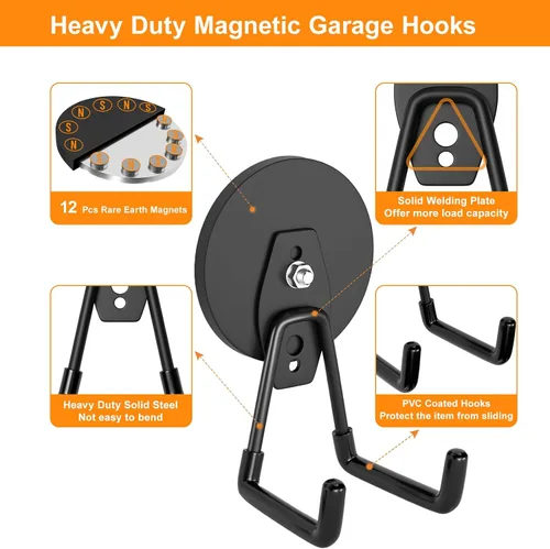 Miniatura 3 de ENUODA Ganchos magnéticos fuertes resistentes, paquete de 2 ganchos de garaje, ganchos magnéticos resistentes para colgar herramientas de patio