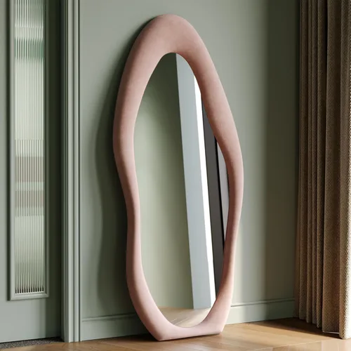 Miniatura 18 de Honyee - Espejo de cuerpo completo de 63 x 24 pulgadas, espejo de pared, marco de madera envuelto en franela, espejo de cuerpo completo ondulado Gris