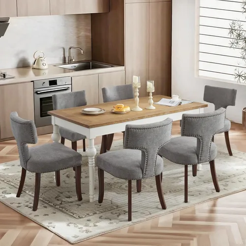 Miniatura 10 de SoarFlash Juego de 2 sillas de comedor modernas de madera, silla tapizada de tela de lino de granja, respaldo curvado con clavos de cobre alrededor