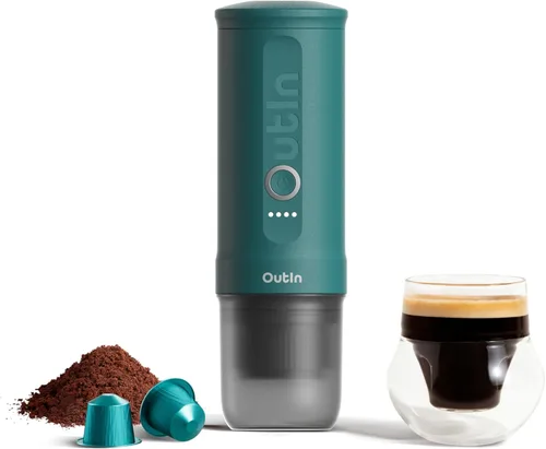 OutIn Máquina de café espresso eléctrica portátil nano, cafetera de viaje para camping, cafetera de auto con calentamiento automático con USB-C, con