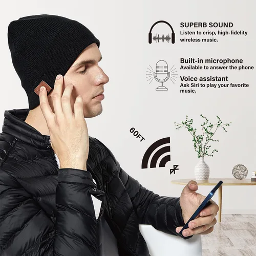 Miniatura 4 de Gorro de lana merino con Bluetooth, estéreo HD, 30 horas de tiempo de reproducción, micrófono integrado, regalo electrónico de Navidad