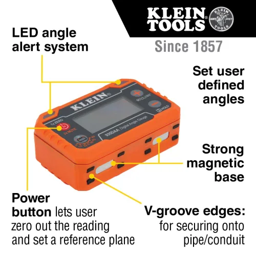 Miniatura 2 de Klein Tools 935DAA Medidor electrónico digital de nivel y ángulo, alerta LED, ángulos de medición y ajuste, rangos de 0-90 y 0-180 grados