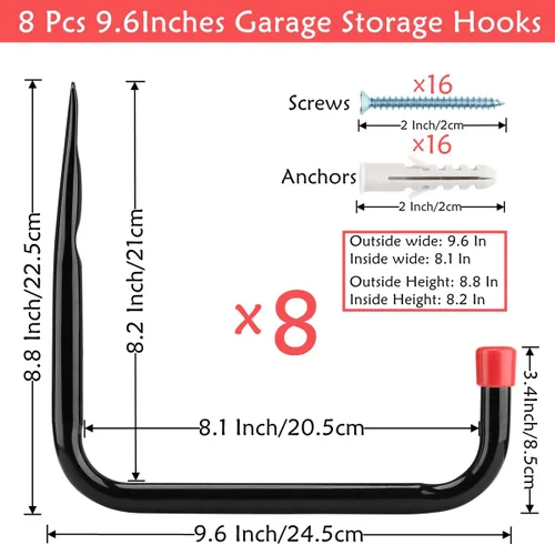 Miniatura 2 de Paquete de 8 ganchos de almacenamiento de montaje en pared, colgador de garaje de 9.6 pulgadas para escalera, sillas de sujeción, herramienta
