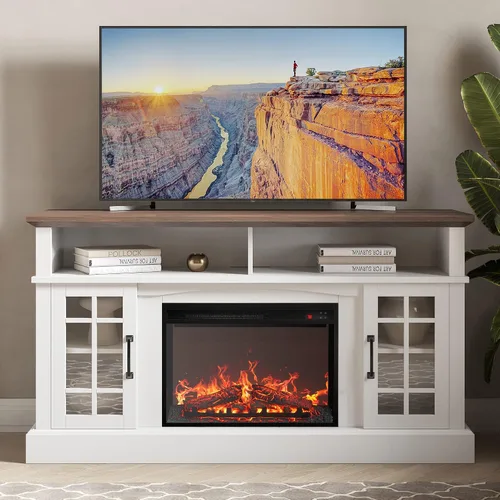 Miniatura 14 de BELLEZE Mueble TV, 48 pulgadas, con chimenea eléctrica funcional de 18 pulgadas, moderno, para TV de máx. 50 pulgadas, estantes abiertos y armarios