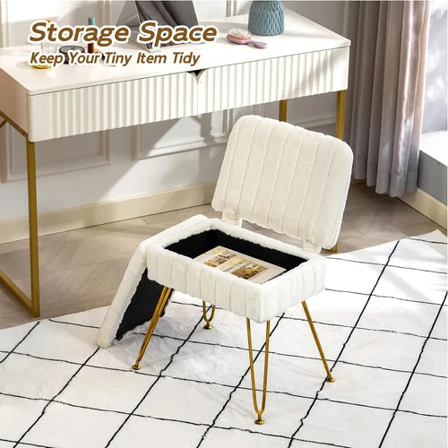 Miniatura 6 de Silla de tocador con almacenamiento, cómoda otomana con respaldo plegable, taburete de tocador de piel sintética con 4 patas de metal