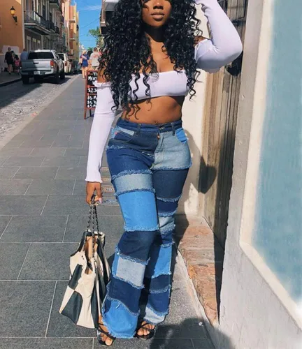 Miniatura 4 de PAODIKUAI Jeans de retazos para mujer, con dobladillo sin procesar, corte de bota