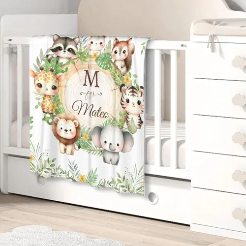 Miniatura 3 de Manta de bebé personalizada para niñas y niños, manta de bebé personalizada con nombre de bosque de animales para niños pequeños, baby shower
