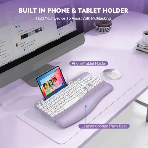 Miniatura 5 de Combo de teclado y mouse inalámbrico, teclado ergonómico de tamaño completo con teclas de onda, reposa muñeca acolchado, soporte para teléfono