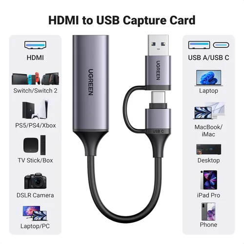 Miniatura 5 de UGREEN Tarjeta de captura USB 2.0 4K HDMI a USB C para transmisión, tarjeta de captura de video Full HD 1080P 60FPS para grabación