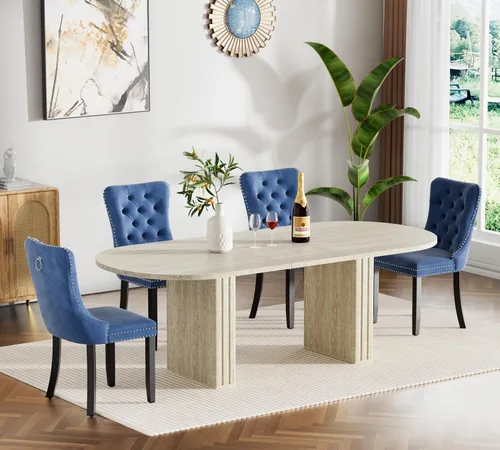 Miniatura 18 de Juego de 4 mesas de comedor extensibles, mesa de comedor ovalada negra y 4 sillas de comedor de terciopelo negro con patas de madera, juego de mesa