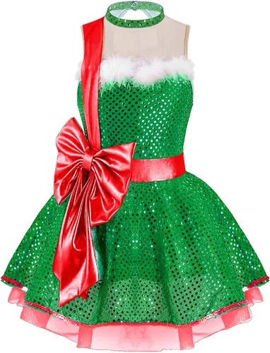 TiaoBug Vestido de baile de Navidad con lentejuelas brillantes para niños y niñas, disfraz de Papá Noel, vestido de tutú de ballet, vestido de