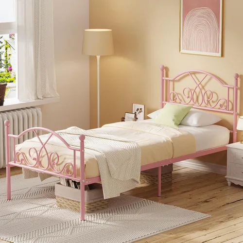 Miniatura 3 de Weehom Marco de cama individual, marcos de cama de metal modernos de tamaño individual para niños y niñas, no necesita somier, base de cama Rosa