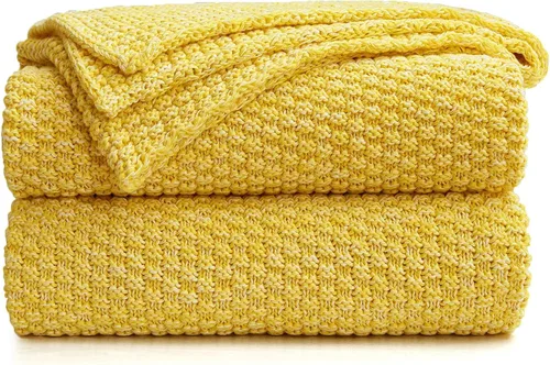 Longhui bedding - Manta de punto amarilla brillante para sofá, suave, acogedora, lavable a máquina, 100% algodón, manta de punto para sofá, pesada,