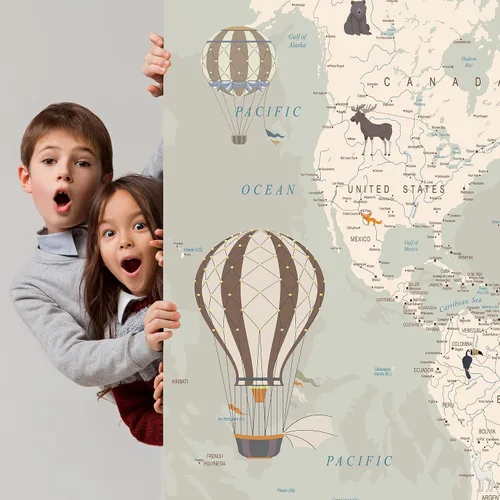Miniatura 5 de Papel tapiz de mapa del mundo para niños con animales, calcomanías educativas para despegar y pegar, murales de guardería para bebés, niños