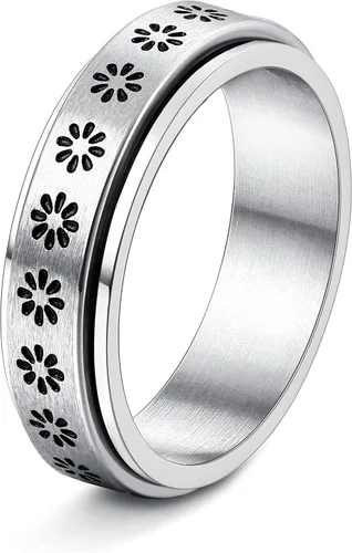 Miniatura 5 de DRUTORE Anillos de acero inoxidable para mujeres y hombres, anillos de ansiedad con flores de luna, estrellas y flores, antiestrés, anillos