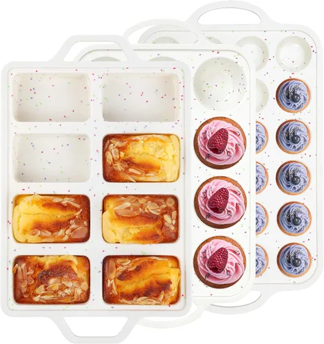 Miniatura 10 de Juego de moldes antiadherentes regulares para magdalenas de 12 tazas y 24 tazas para hornear moldes de silicona para magdalenas con marco reforzado