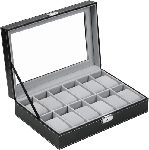 Caja de reloj con 12 ranuras para reloj, organizador con parte superior de cristal, caja de almacenamiento de reloj negra para hombres y mujeres con