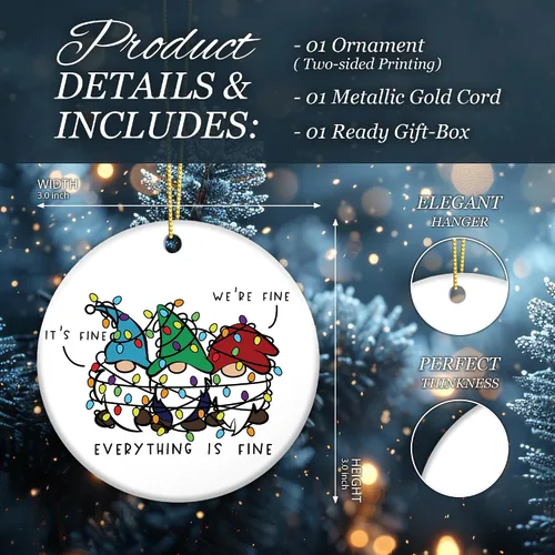 Miniatura 6 de Divertido adorno de gnomo 2025 – «Everything is Fine» gnomos enredados con luces – Lindo regalo de humor navideño para amigos, familiares