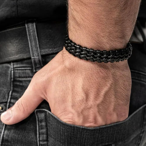 Miniatura 4 de SERASAR Pulsera de cuero genuino de primera calidad [acero] para hombre en negro Cierre magnético de acero inoxidable en negro, plata y oro