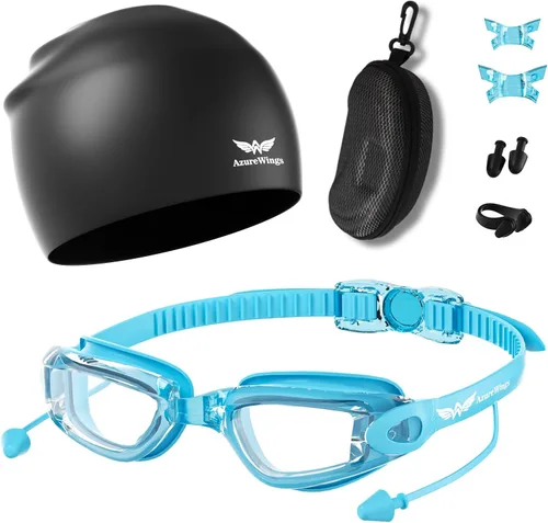 Miniatura 11 de Gafas de natación 7 en 1 + gorro de natación para hombres y mujeres, sin fugas, antivaho y UV, lente de PC con espejo HD de visión amplia