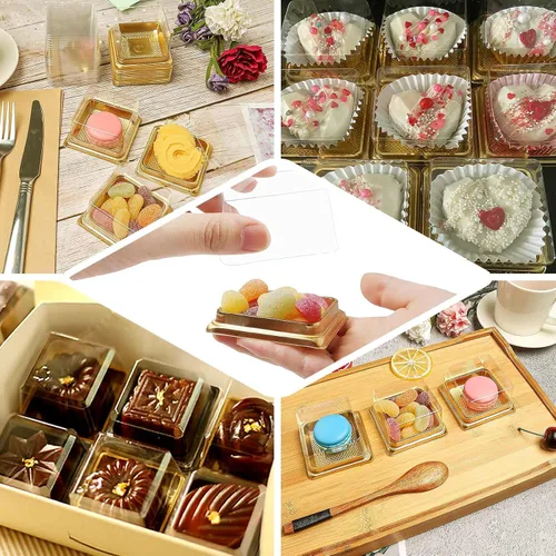 Miniatura 5 de Efavormart - Paquete de 50 recipientes de plástico para cupcakes de 3 pulgadas, color dorado y transparente, cajas cuadradas para fiestas, soporte