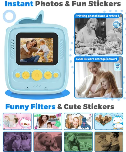 Miniatura 5 de Cámara de impresión instantánea para niños de 3 a 12 años, cámara para niños con tarjeta SD de 32 G y papel de 300 fotos, foto de 48 MP, video