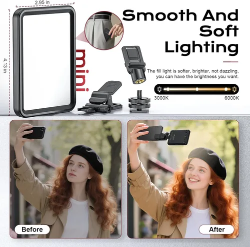 Miniatura 5 de Luz de Selfie Suave Recargable para Teléfono, Cámara, Portátil, Luz LED Portátil de Batería 4-14H para Fotos, Clip de Luz de Teléfono para Selfie