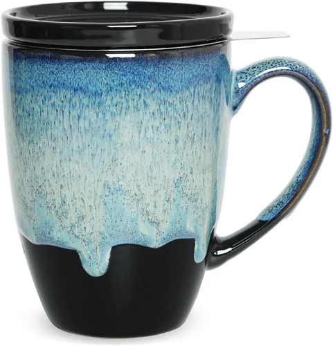 Miniatura 14 de Bosmarlin Taza de té de cerámica mate con infusor y tapa, 13.5 onzas, taza de té suelta, apta para lavavajillas y microondas (azul oscuro)