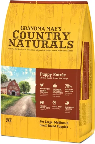 Grandma Mae's Country Naturals Alimento seco para perros, fórmula para cachorros, pollo y arroz integral, cocción lenta y rica en nutrientes,