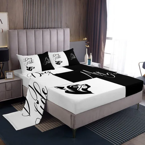 Miniatura 2 de Dog Side My Side - Juego de sábanas de tamaño Queen, color negro y blanco, sábana bajera ajustable para mujeres y hombres, sábanas románticas